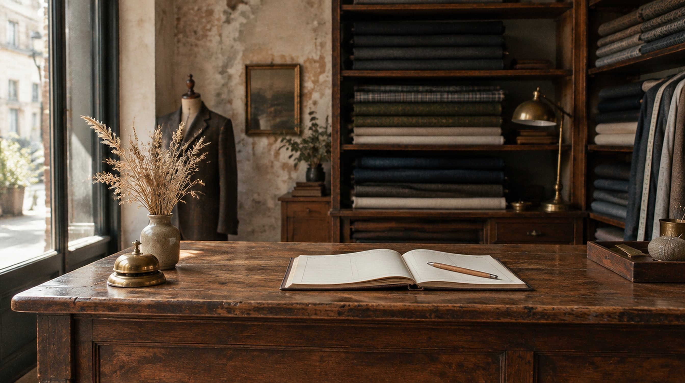 An open notebook, cloth and a measuring tape on a worn wooden desk.