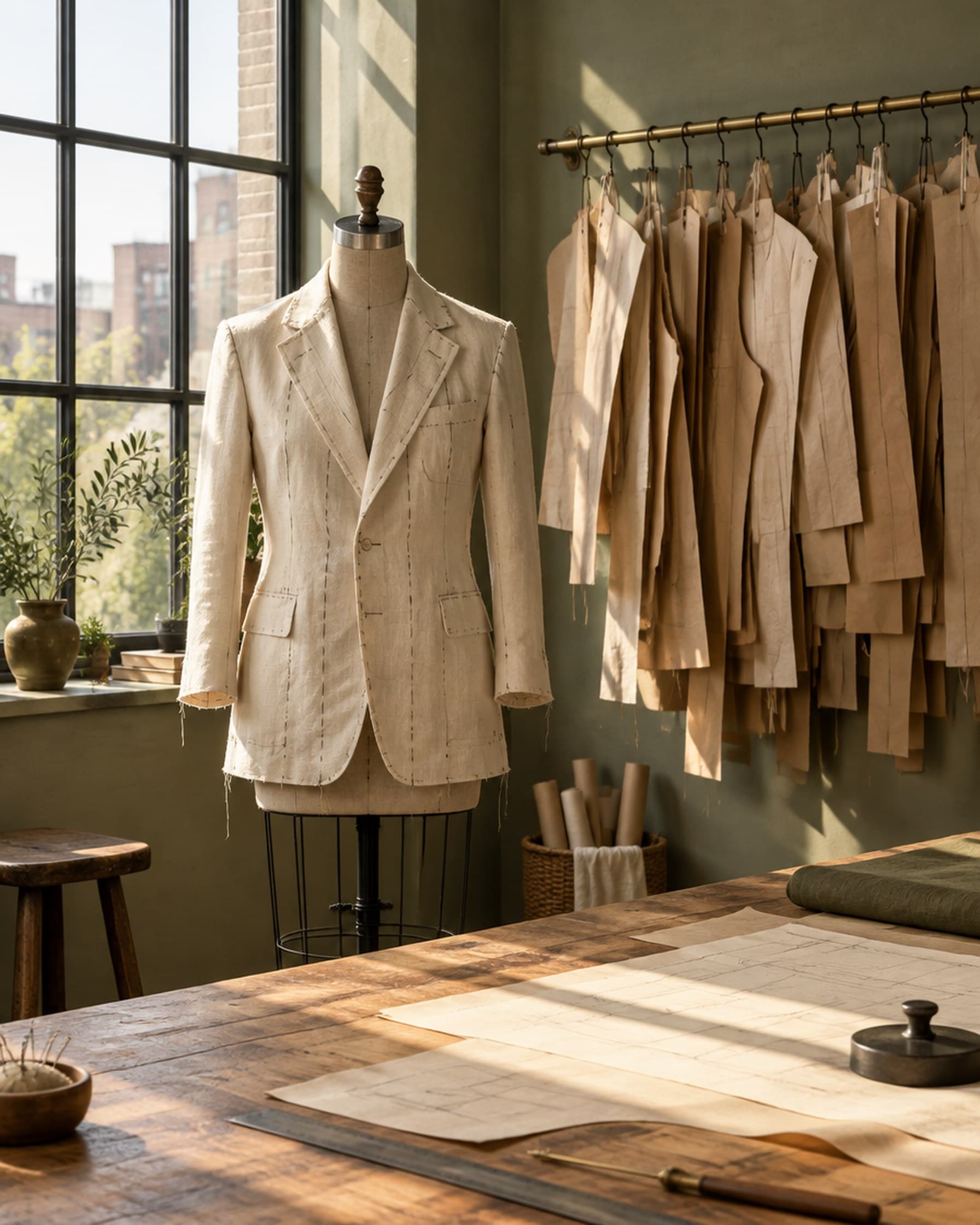 A dress form in a half-finished linen jacket beside a rail of paper patterns.