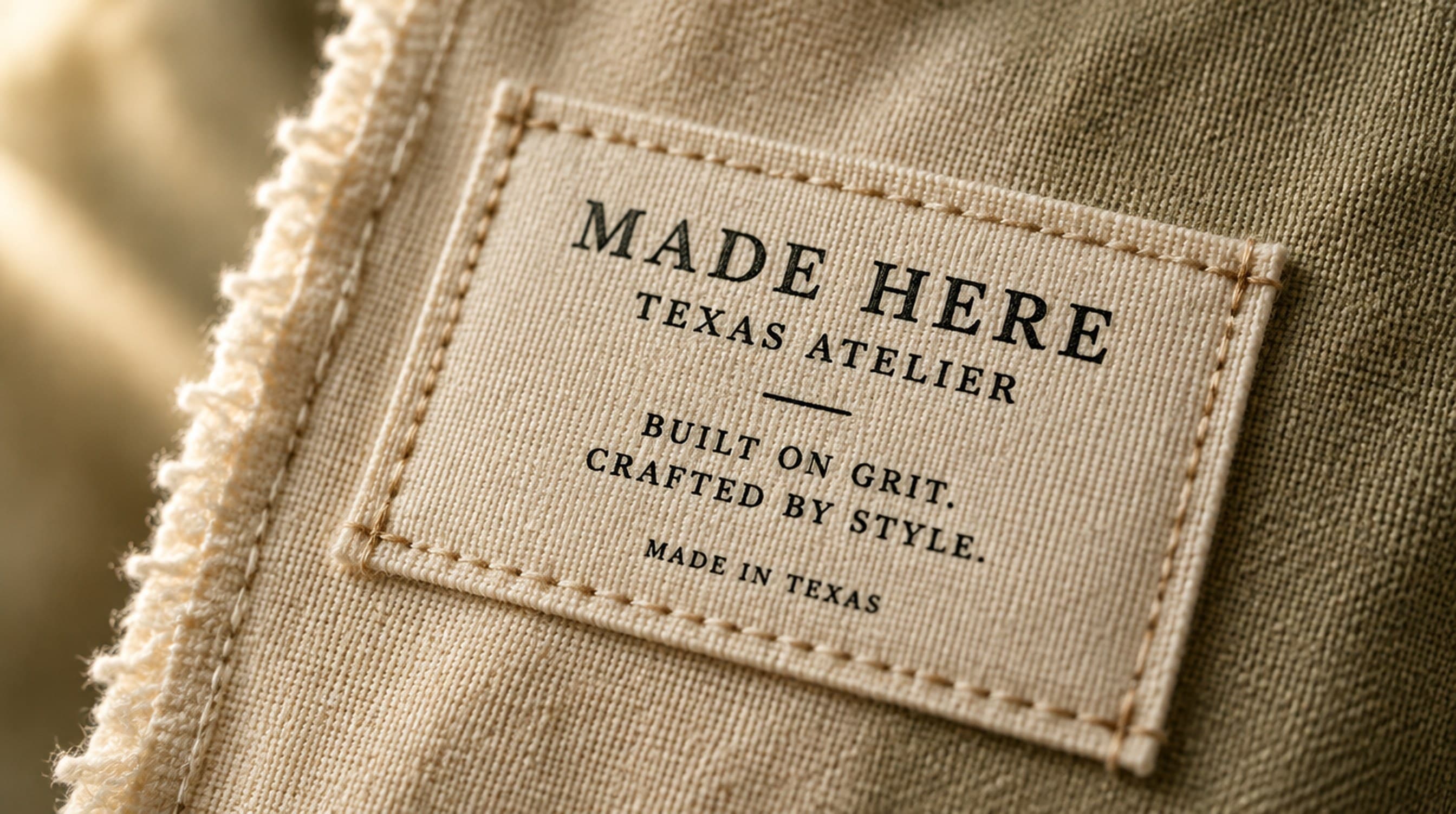 A woven label stitched to canvas: Made Here, Texas Atelier. Built on grit. Crafted by style. Made in Texas.