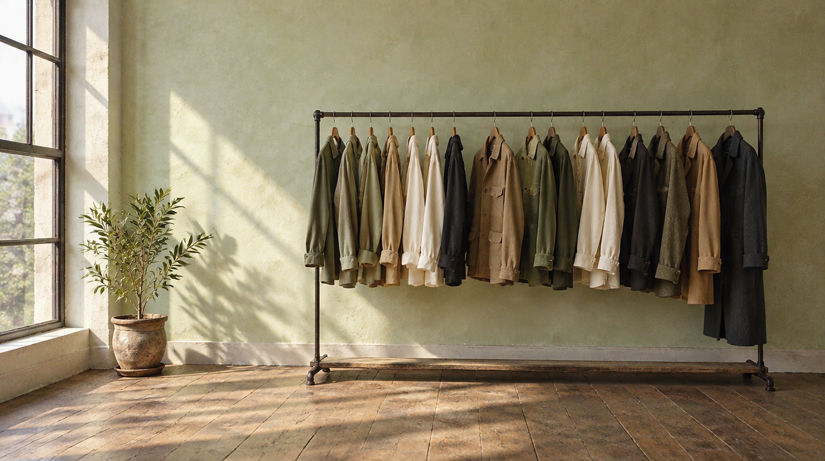 A rail of jackets and shirts in cream, tan, olive and navy in a sunlit room.