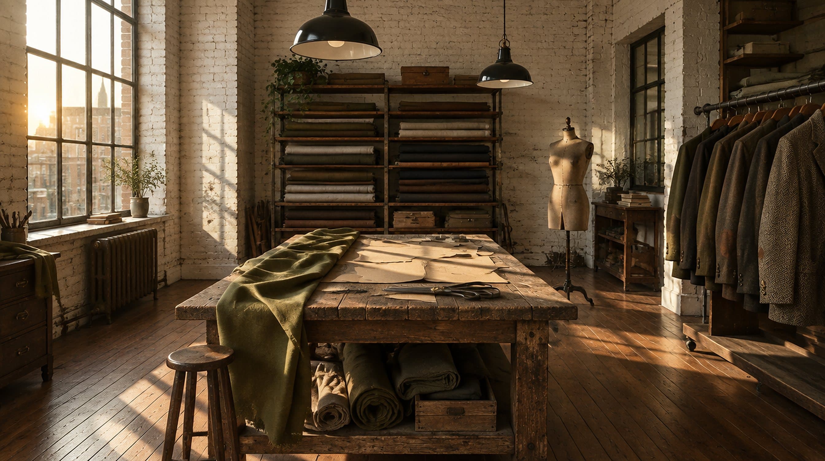 The workroom: a long cutting table, shelves of cloth and a rail of garments in afternoon light.