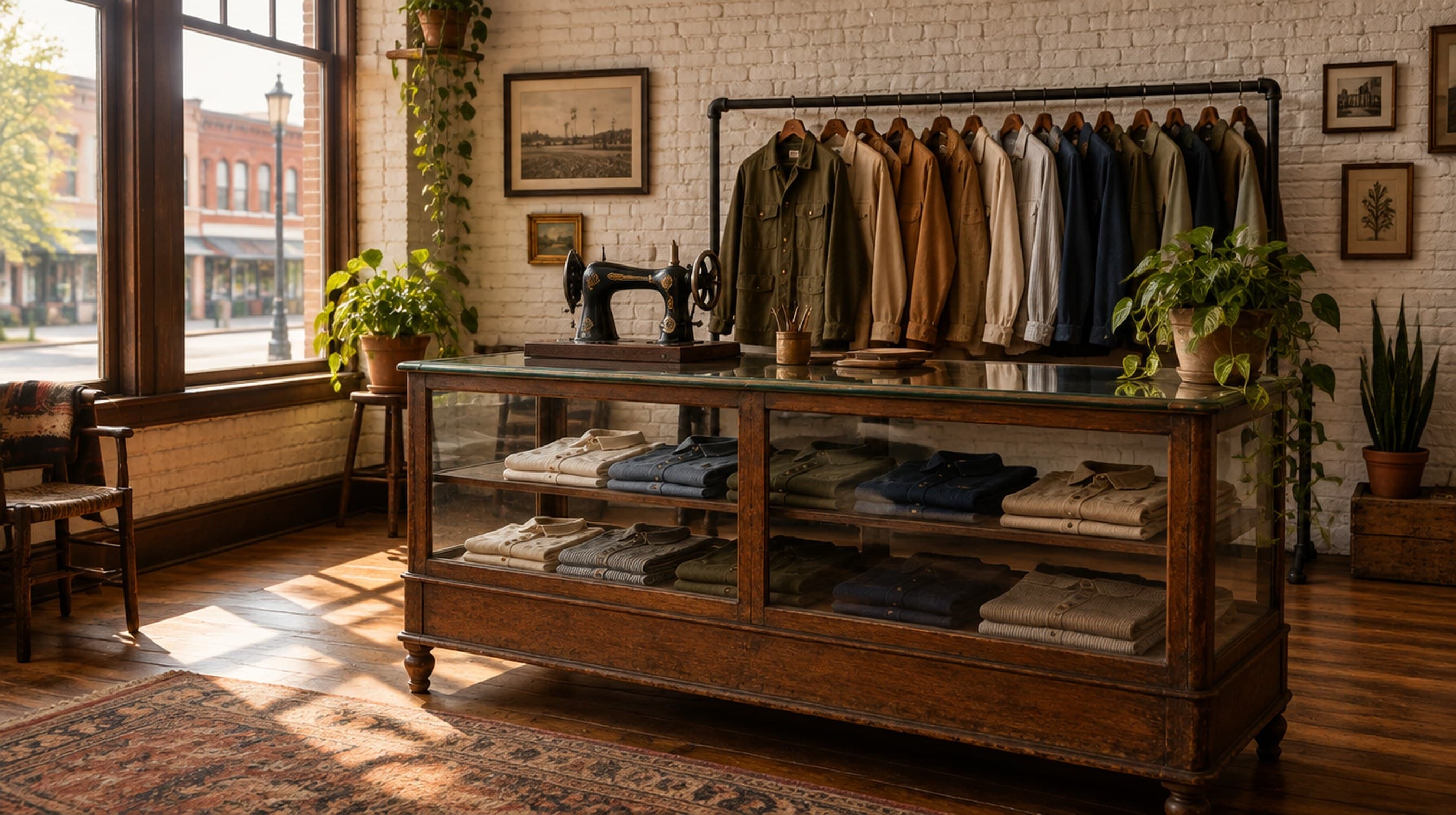 The showroom: a glass-fronted wooden counter with a black sewing machine on it, and a rail of chore coats and work shirts against white brick.