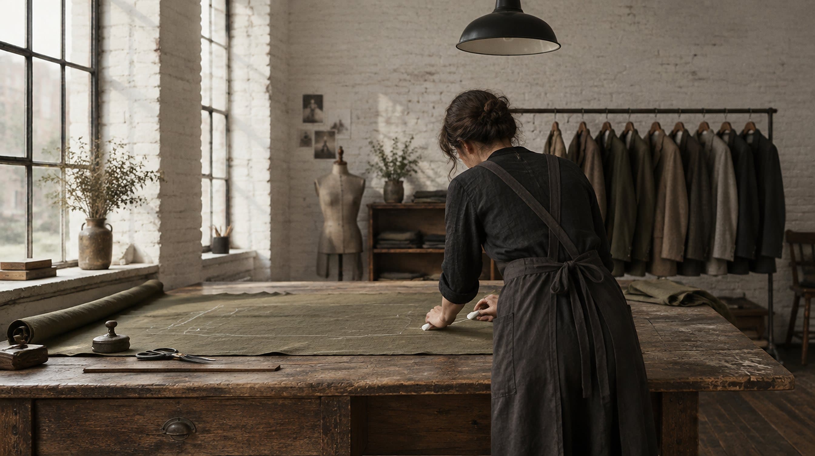 The atelier: a maker at a long cutting table, a dress form and a rail of garments by tall windows.