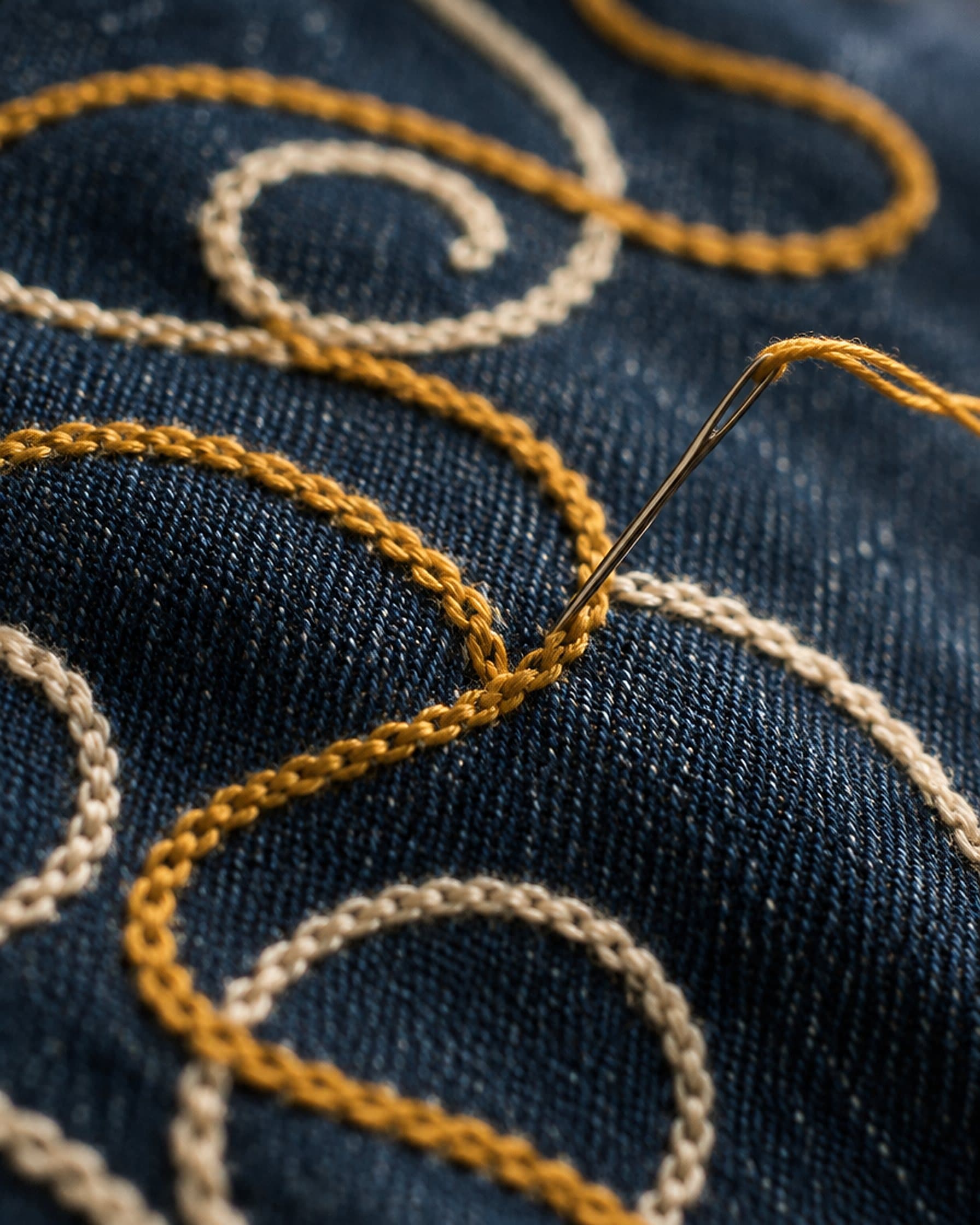 Gold and cream chainstitch embroidery on dark denim.