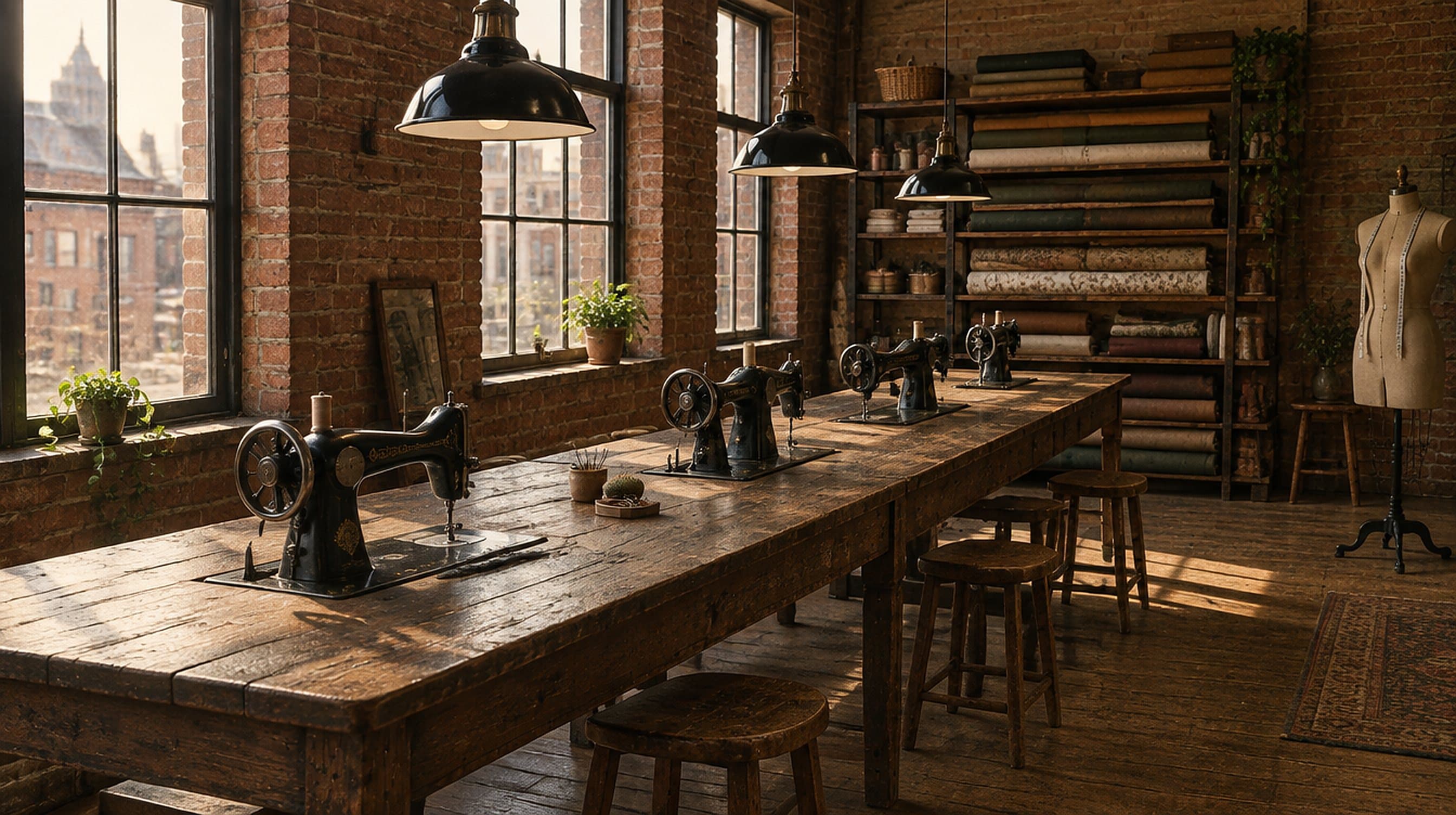 The classroom: long worktables with sewing machines under tall windows.