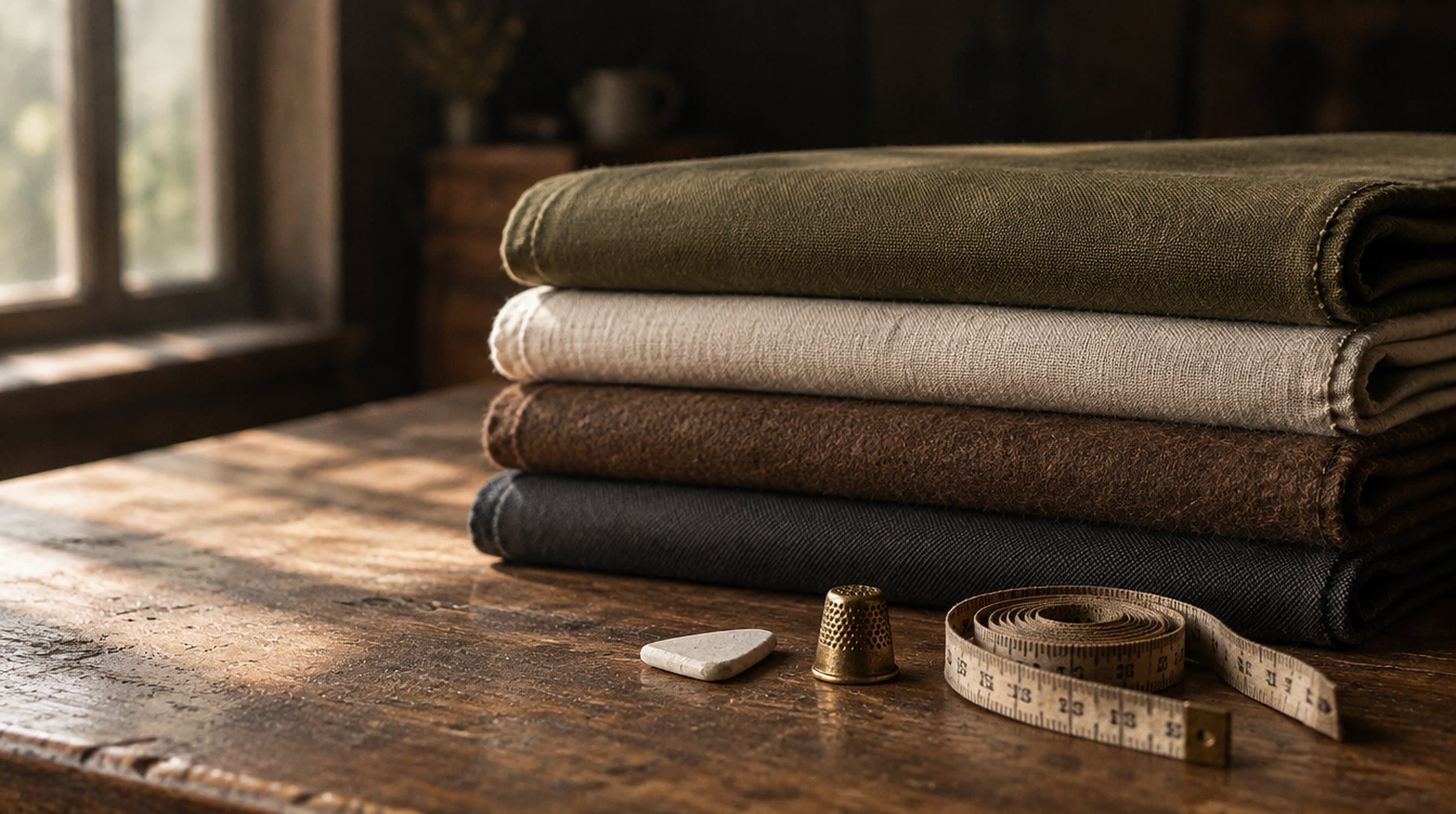 Folded lengths of olive, brown and grey cloth on a worktable.
