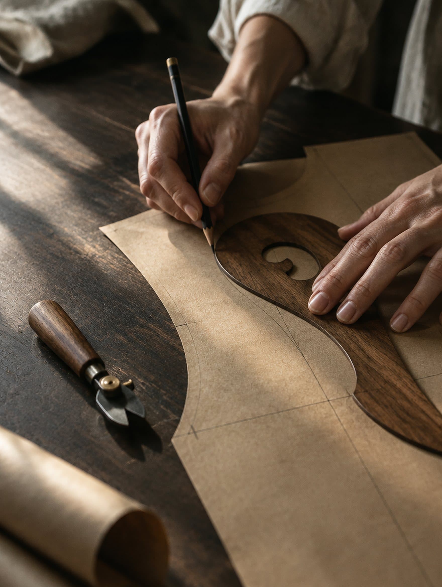 Hands tracing a curve onto pattern paper with a wooden ruler.