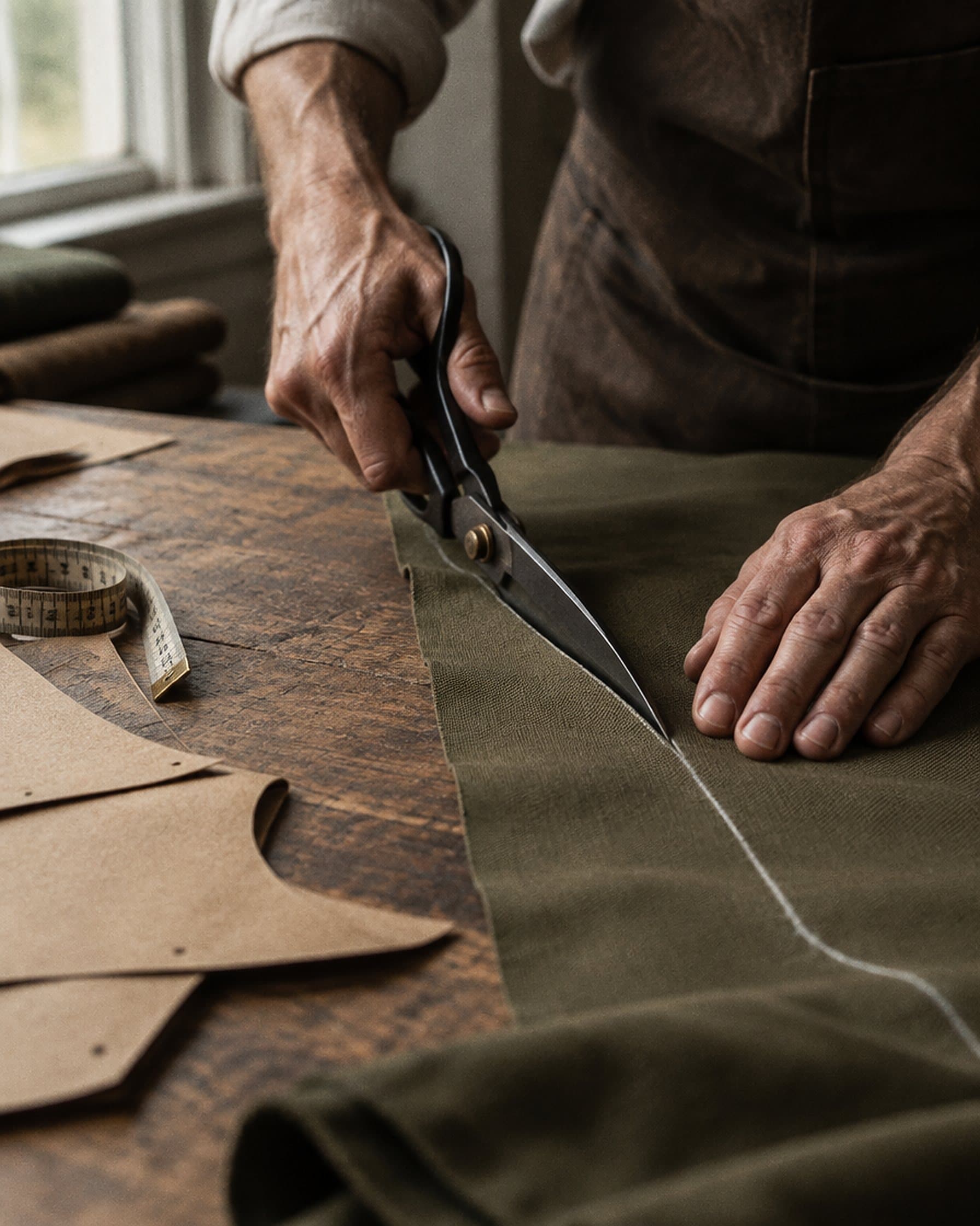 Hands cutting olive cloth with tailor's shears.