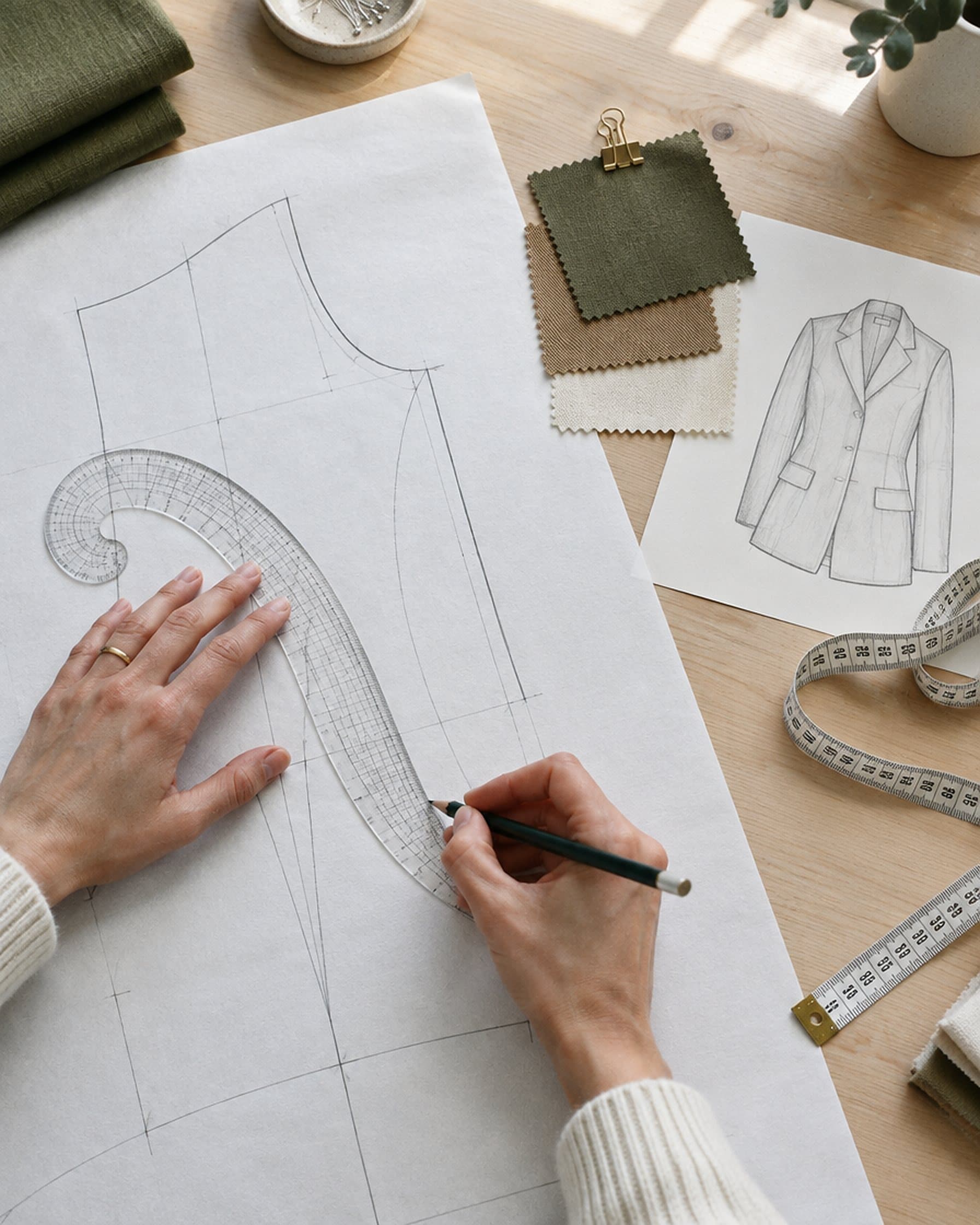 Hands drafting a pattern in pencil with a curved ruler.