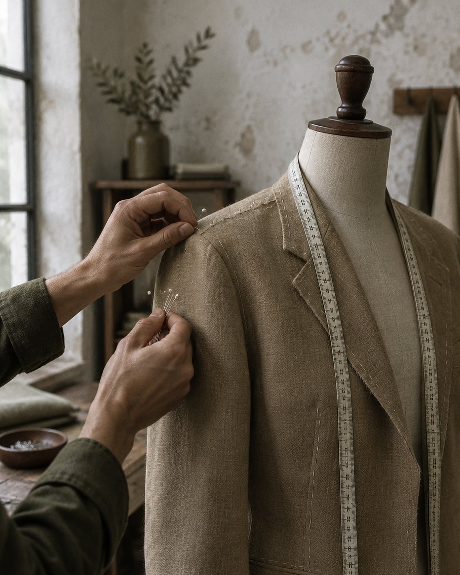 A tailor pinning the shoulder of a linen jacket on a dress form.