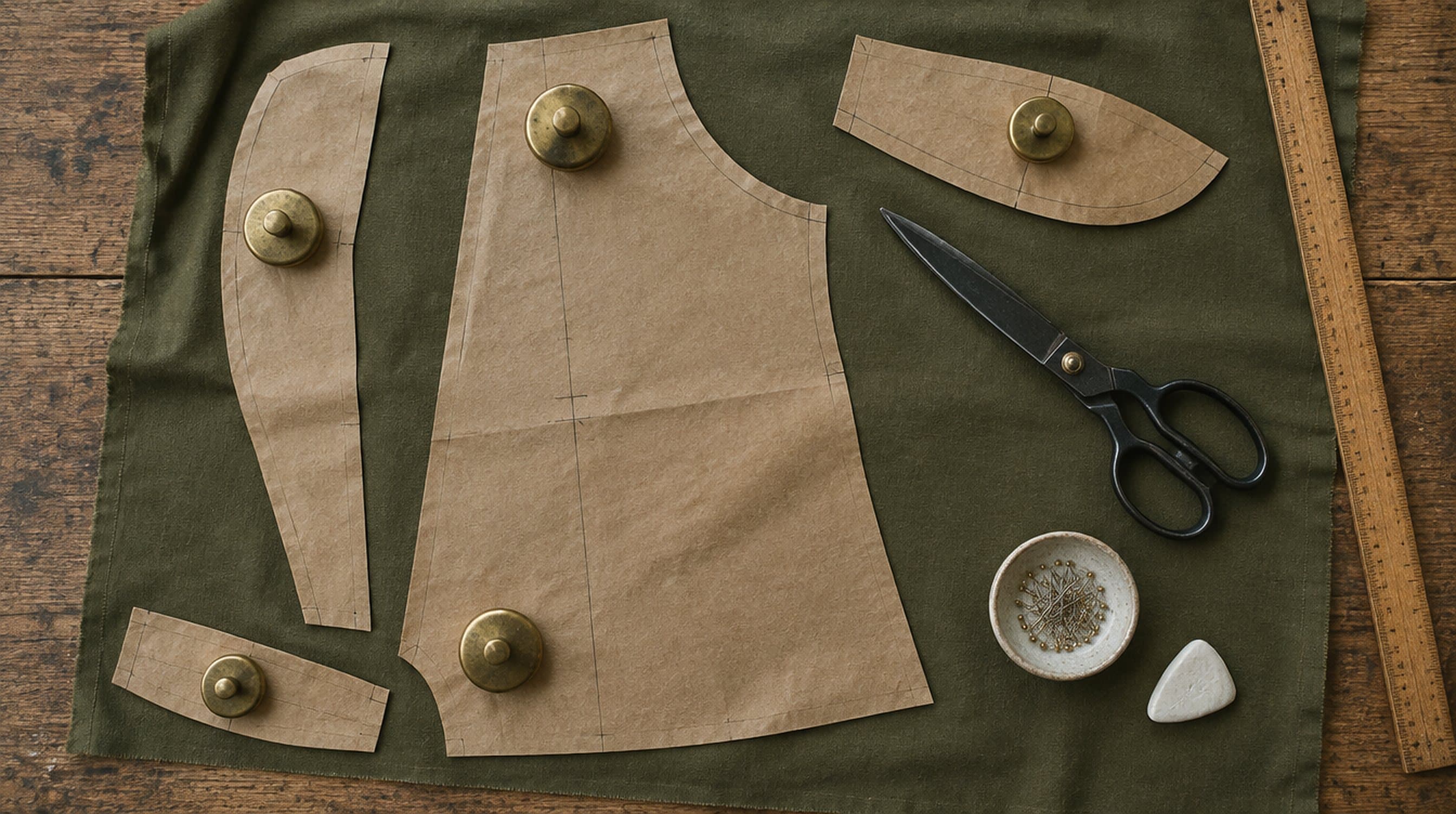 Cut pattern pieces, shears and tailor's chalk laid out on olive cloth.