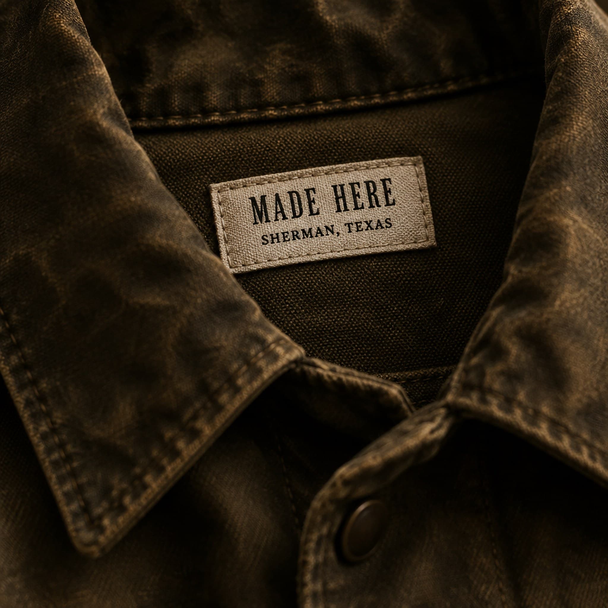 A woven label inside a jacket collar: Made Here, Sherman, Texas.
