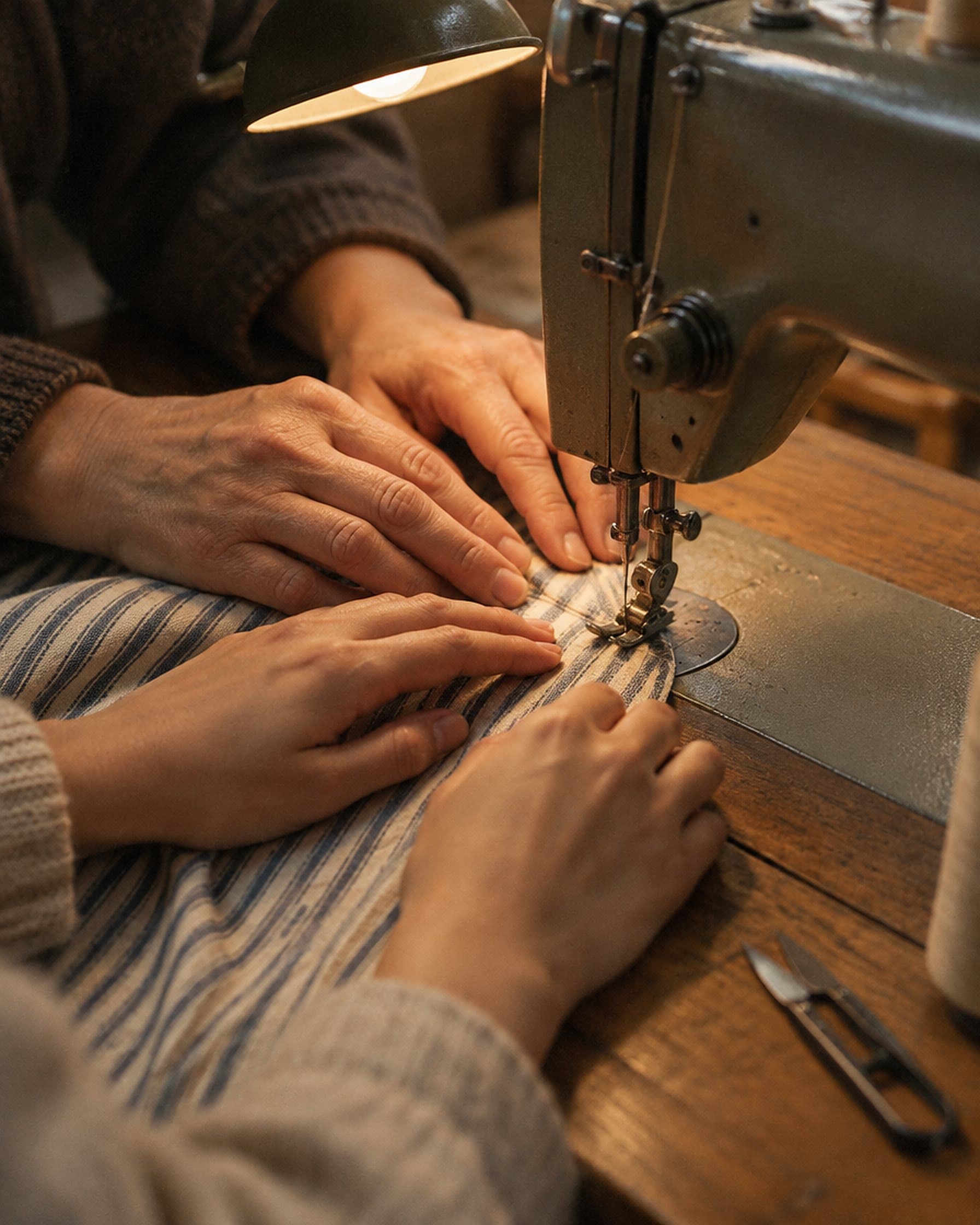Two pairs of hands guiding cloth through a sewing machine.