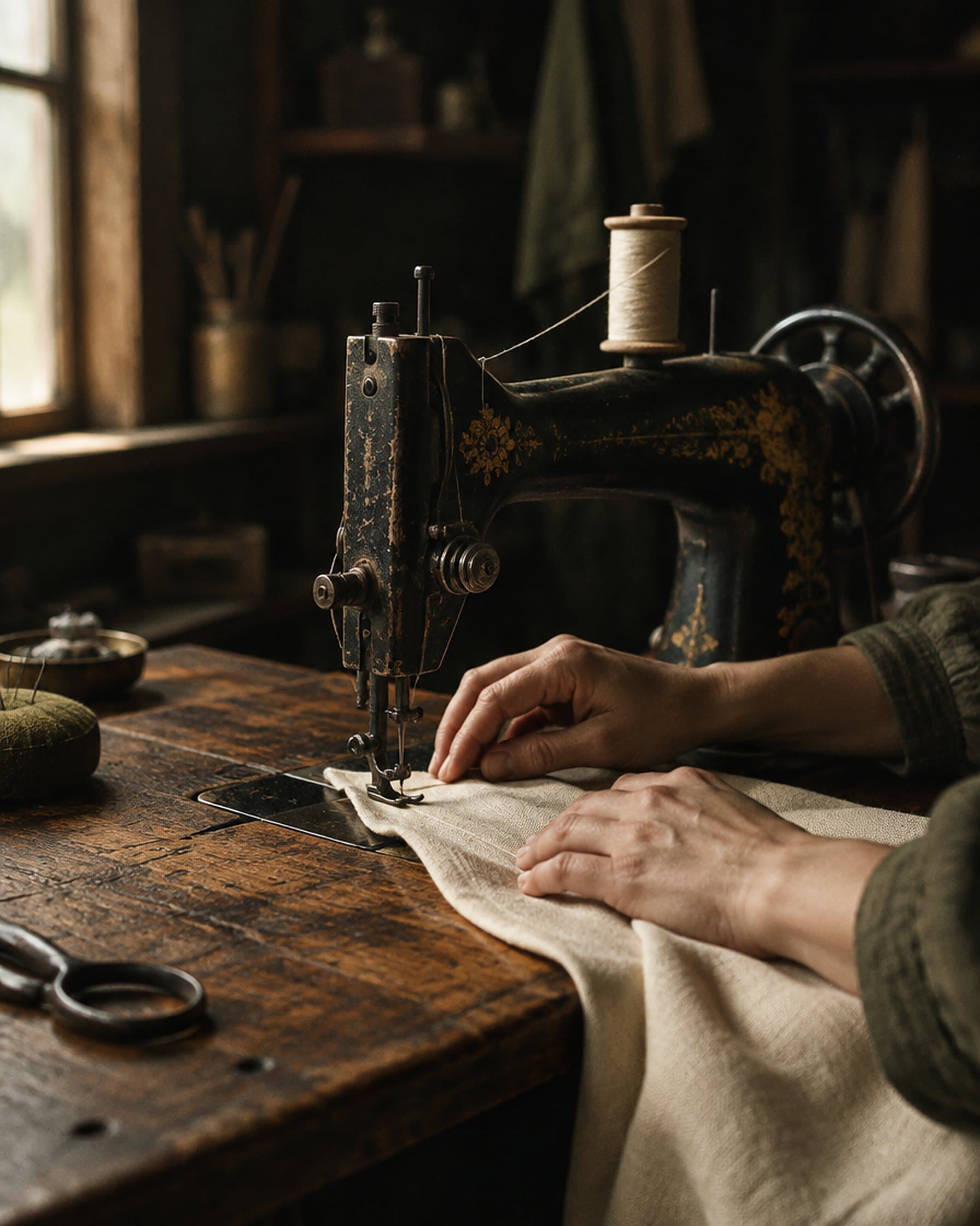 Hands guiding cloth under the needle of a black sewing machine.