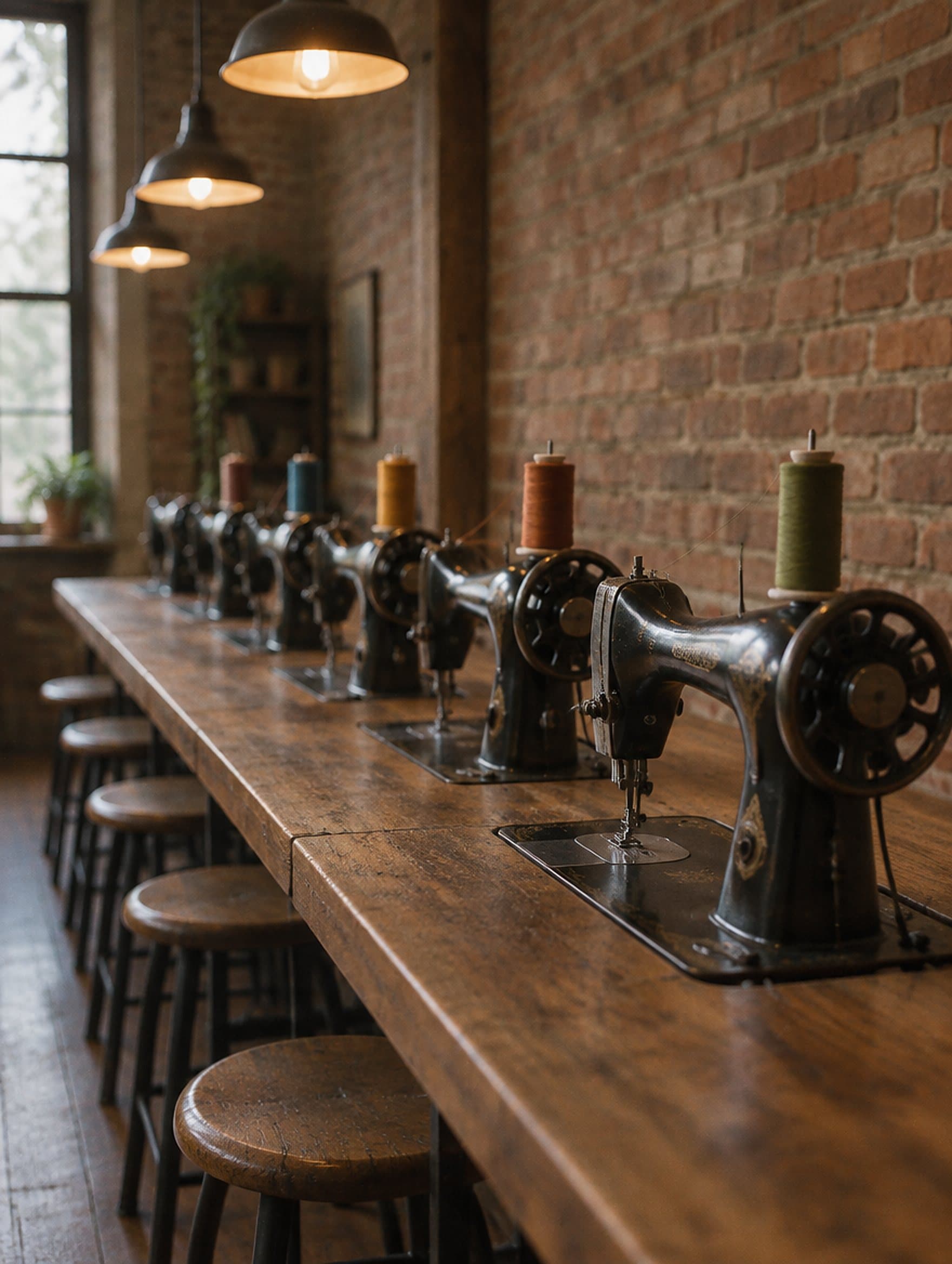 A row of black sewing machines along a workbench.