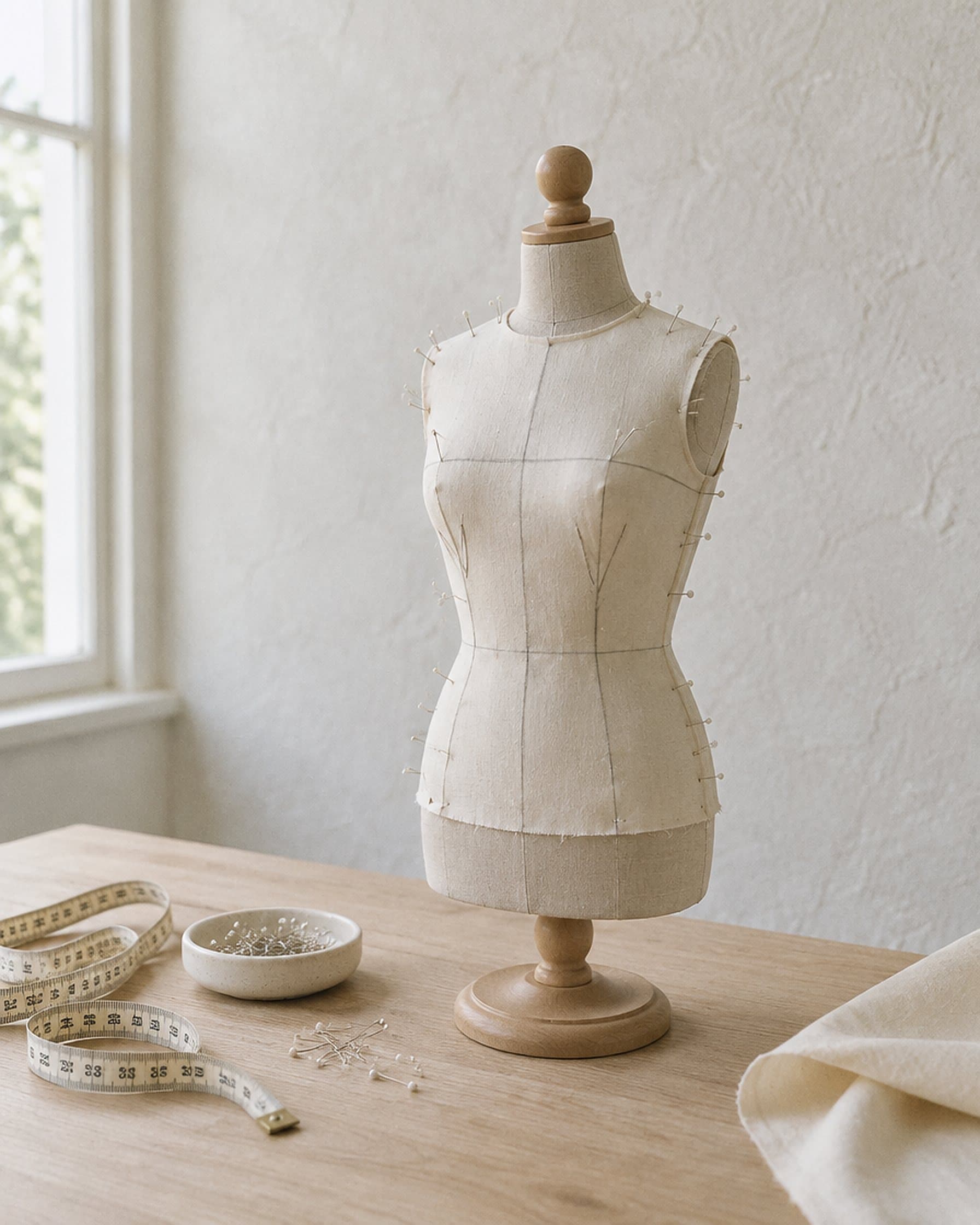 A small dress form draped in muslin on a worktable.