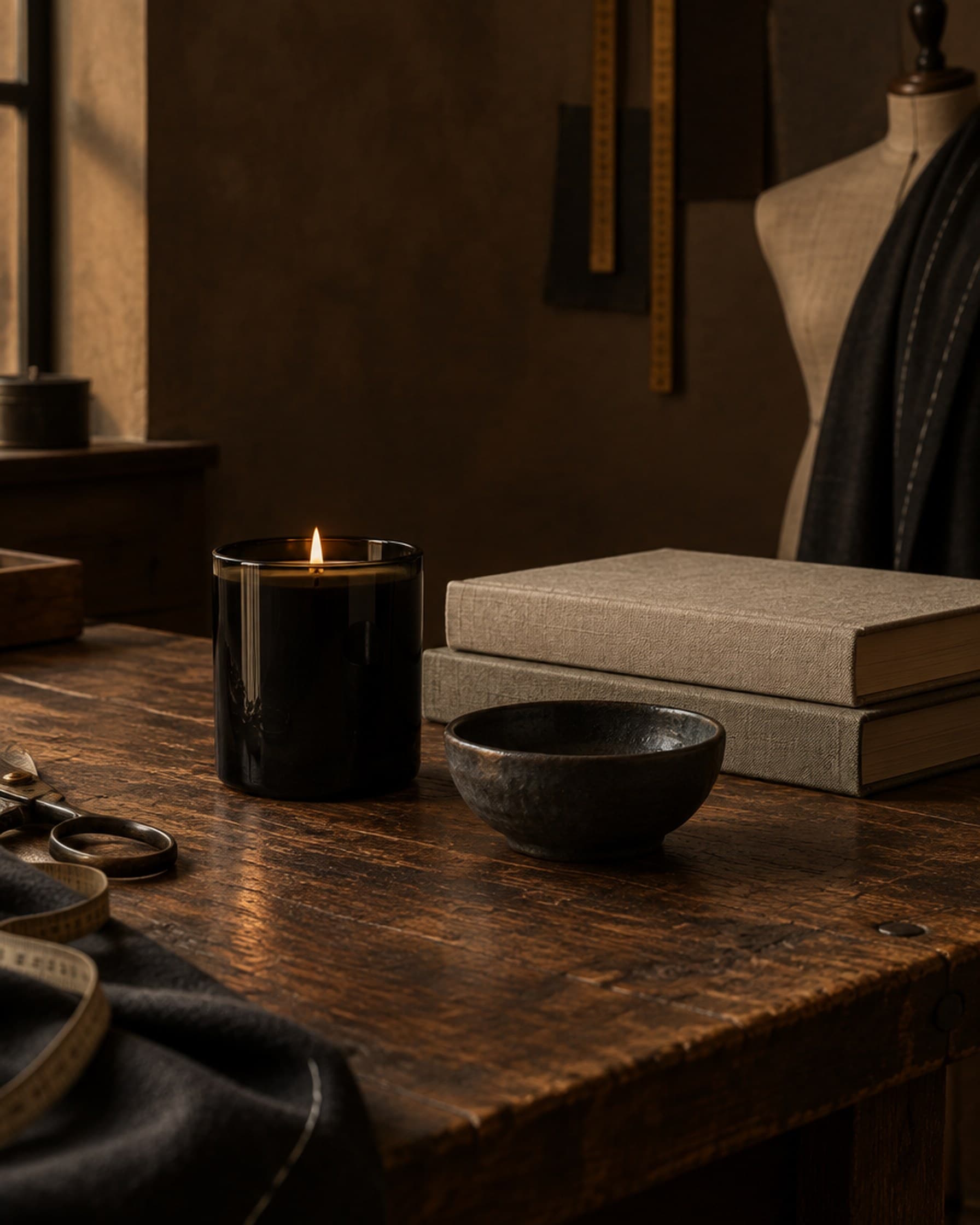 A black candle, a dark bowl and two linen-bound books on a worn table.