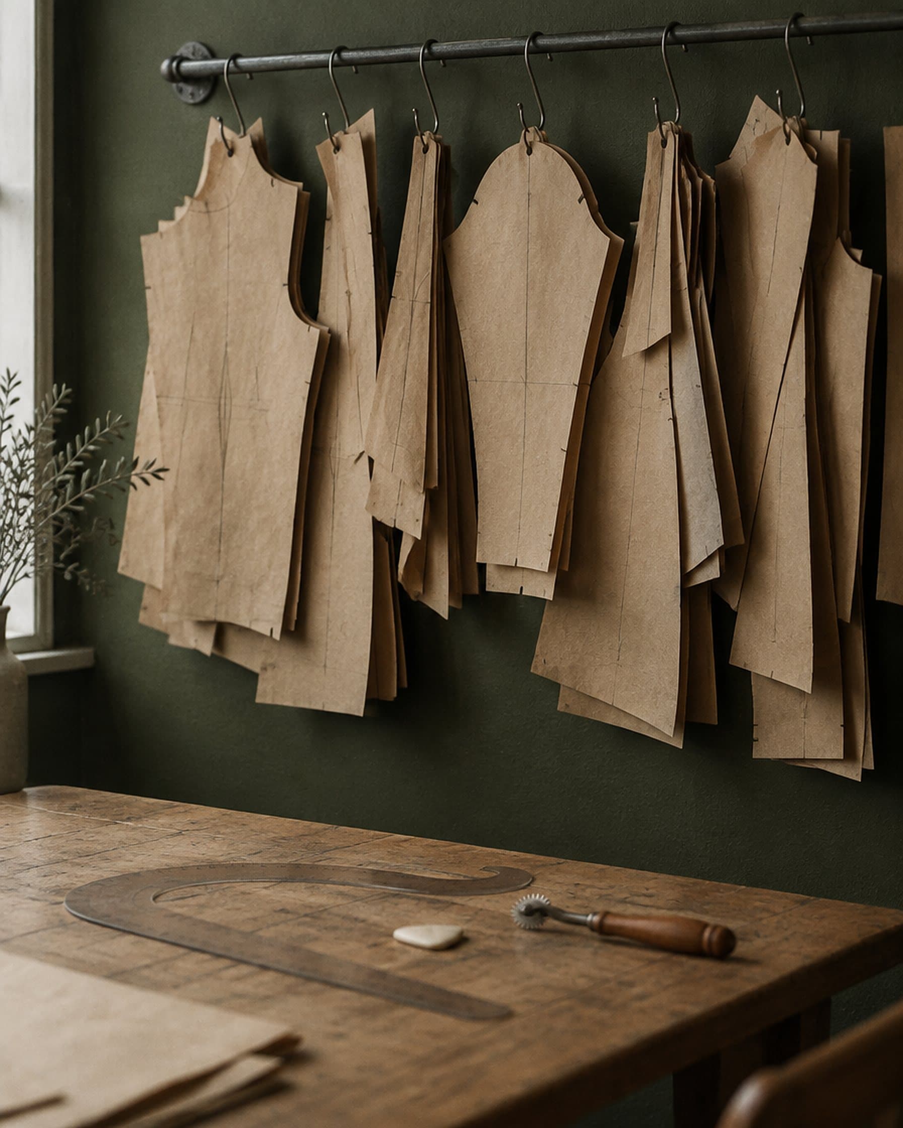 Paper pattern pieces hanging on a rail.
