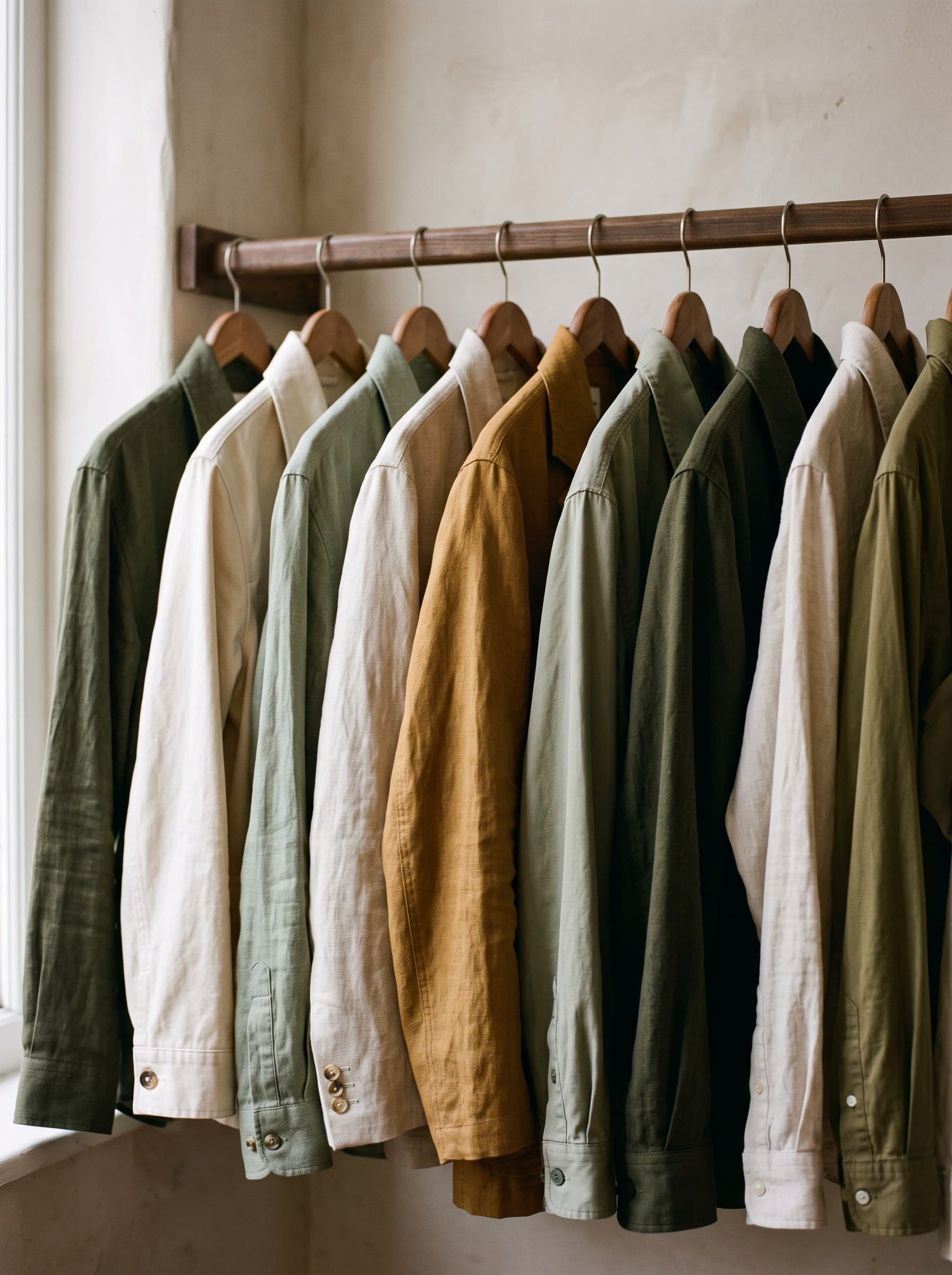 Linen and cotton shirts and jackets in cream, sage and olive, hanging on a wooden rail in soft daylight.
