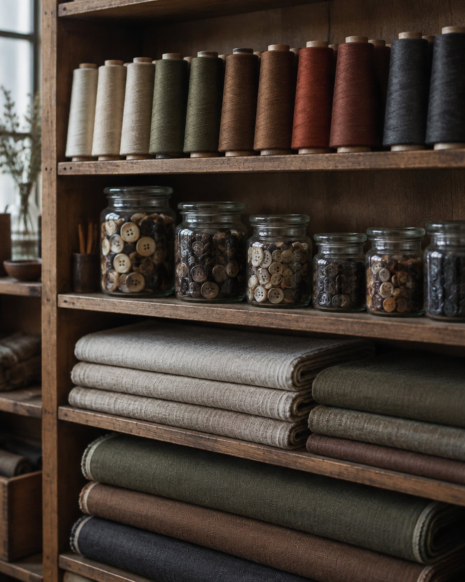 Shelves of folded cloth, thread and jars of buttons.