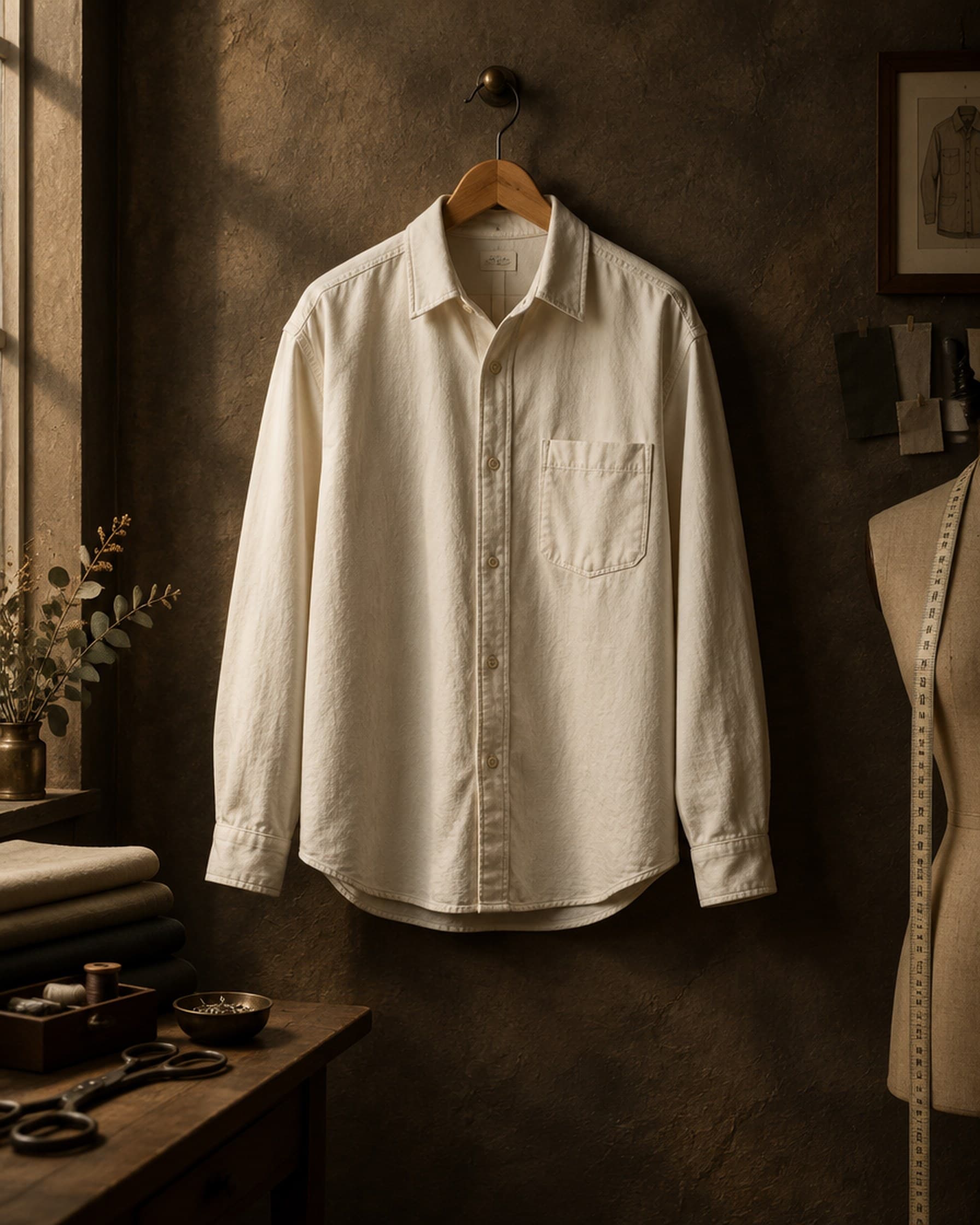 An off-white cotton work shirt on a wooden hanger.
