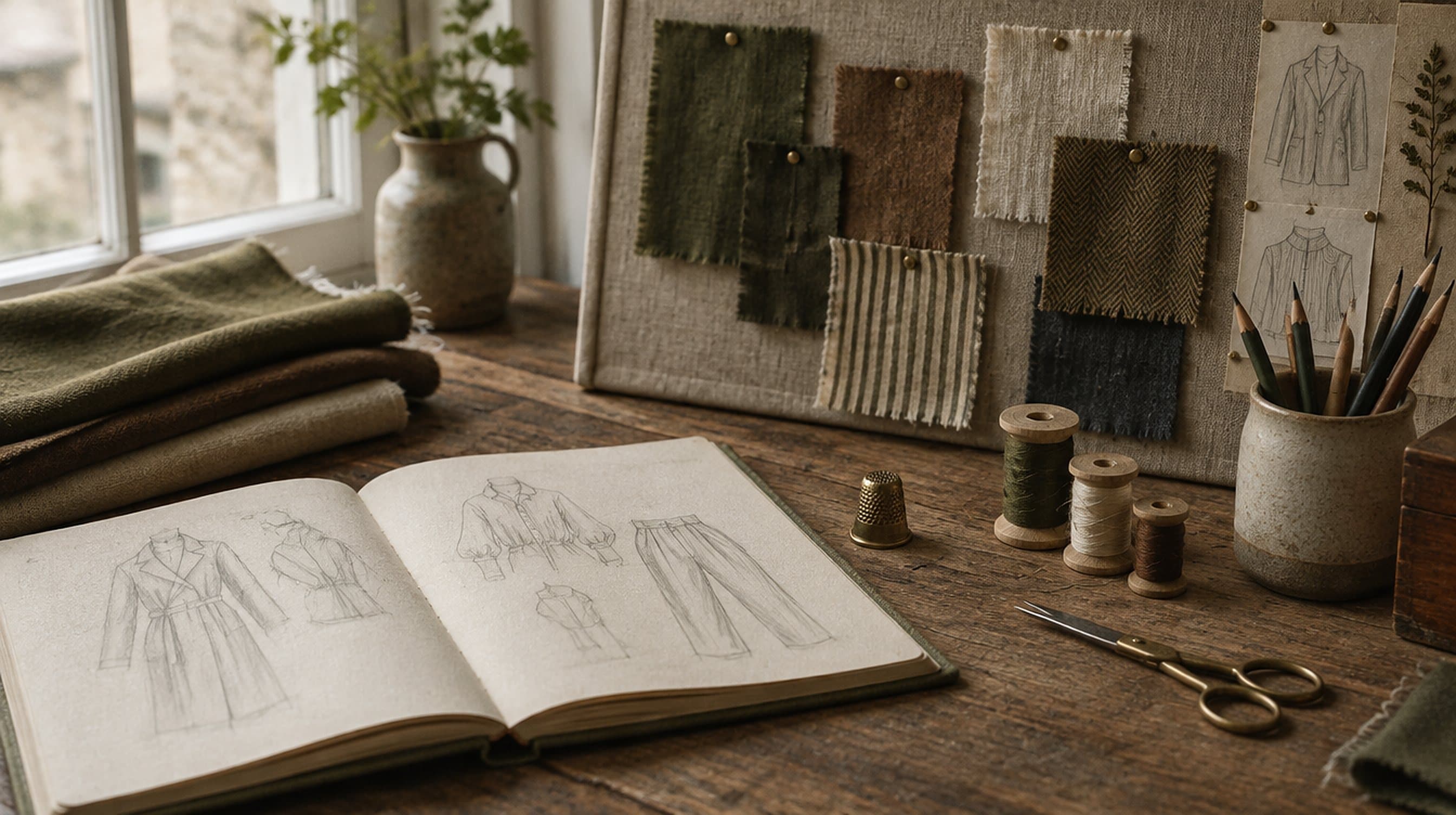 An open sketchbook, swatches and spools of thread on a worktable.