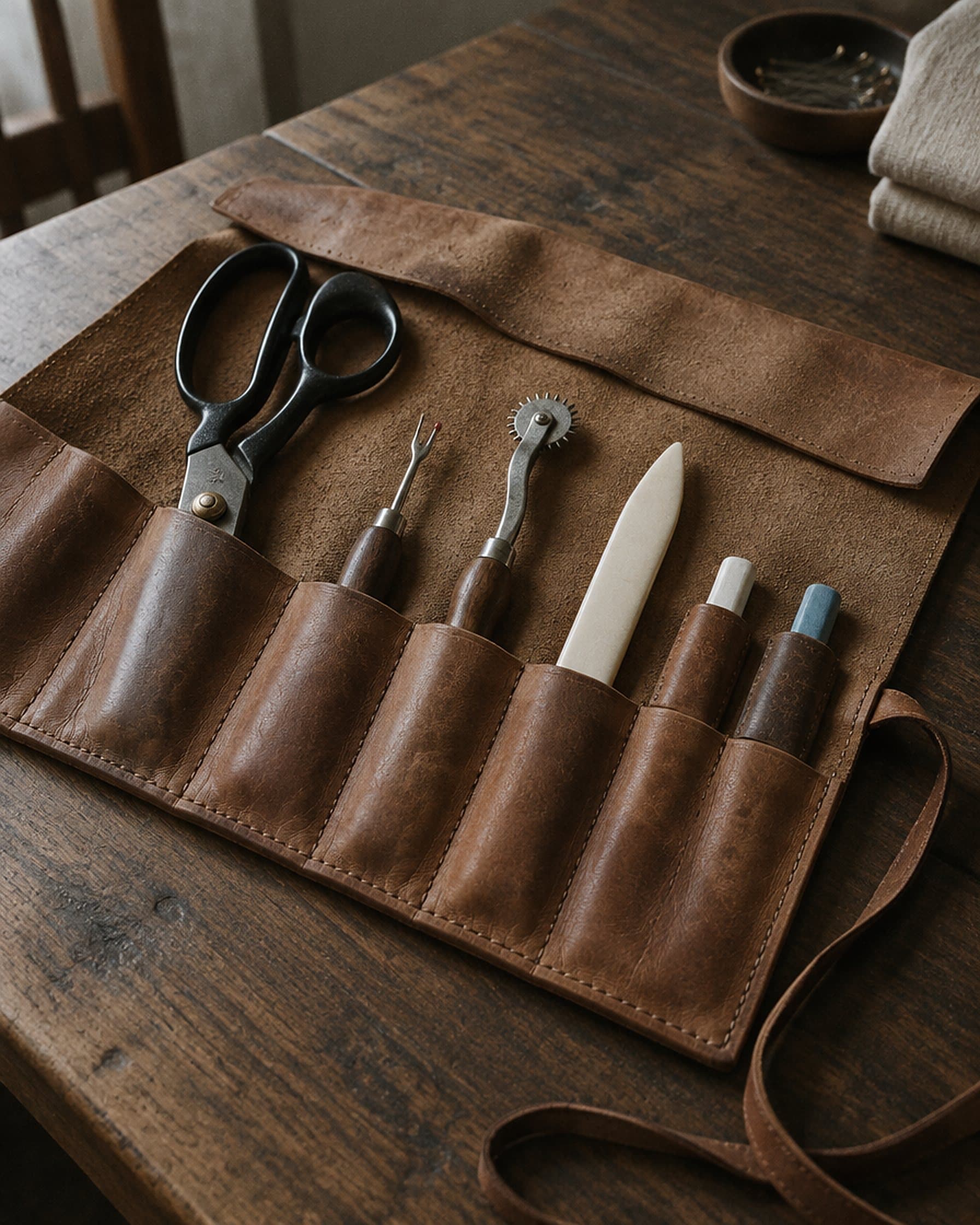 A leather roll of tailor's tools.