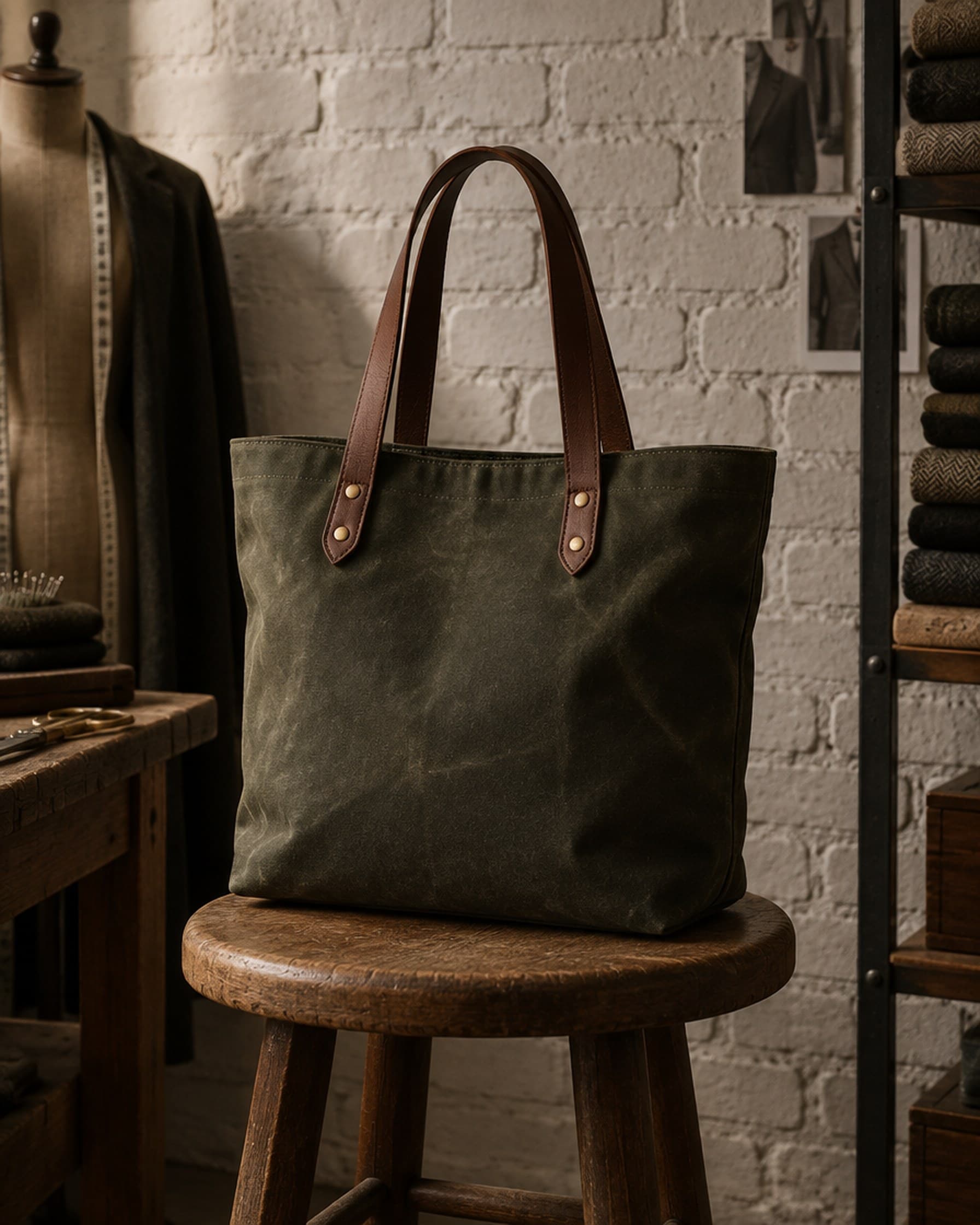 An olive waxed canvas tote with leather handles on a wooden stool.