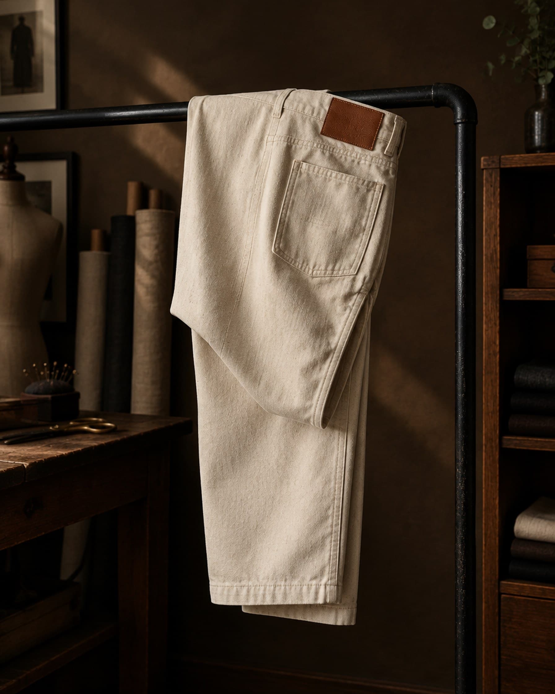 Ecru canvas work trousers folded over an iron rail.